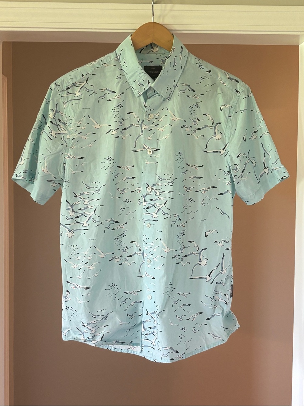 Casual Light Blue Short-Sleeve Button-Down Shirt with Seagull Print